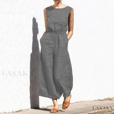 Lasaky - Solid Color High-Waisted Sleeveless Jumpsuit with Pockets - Fashionable, Casual, and Loose-Fitting Comfy Lounge Wear, Casual Lounge Wear, Stylish Jumpsuit, Casual Wear Women, Long Leggings, Jumpsuits And Romper, Long Trousers, Casual Jumpsuit, High Rise Leggings