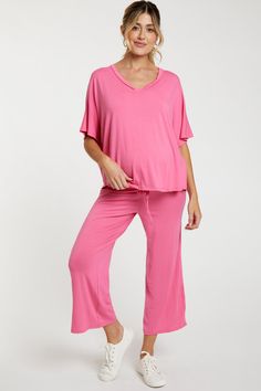 Pink Cropped Pant Maternity Set– PinkBlush Solid Color Short Sleeve Lounging Sets, Solid Color Short Sleeve Loungewear Sets, Comfortable Solid Short Sleeve Sets, Comfortable Solid Color Short Sleeve Sets, Short Sleeve Tops With Elastic Waistband For Lounging, Short Sleeve Tops With Elastic Waistband For Loungewear, Casual Pink V-neck Sets, Spring Sleepwear With Stretch And Short Sleeves, Spring Sleepwear Short Sleeve Stretch