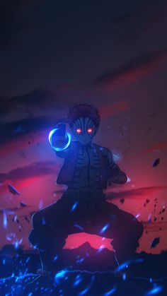 an anime character with glowing eyes sitting on a rock in the middle of a field