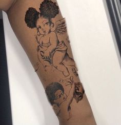 a woman's arm with tattoos on it and an image of a cupid