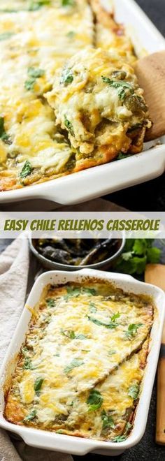 an easy cheesy casserole is shown in two separate pans