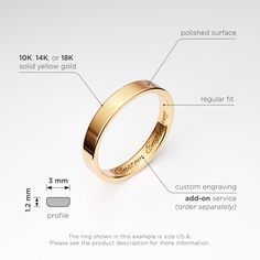 3mm wide Flat style Yellow Gold ring band. Simple, plain unisex wedding band for him or her. Each band is made to order from scratch, out of solid gold, and with meticulous care about every detail. A 1:1 visual refference for all dimensions is avilable at our free guide: www.silverfloret.com/ring-guide/ Please carefully review the full item description below and our Shop Policies. ✓ FREE Shipping (US Only) ✓ Made to Order in-house (NJ, USA) ✓ Certified 100% Recycled Gold ✿ Personalized engraving Gold Rings With Smooth Finish For Anniversary, Gold Anniversary Ring With Smooth Finish, Gold Wedding Bands With Engraving Option, Yellow Gold Promise Ring With Engraving Option, Classic Gold Bands For Promise, Wedding Yellow Gold Jewelry With Smooth Finish, Gold Wedding Rings With Smooth Finish, Gold Jewelry With Smooth Finish For Wedding, Simple Gold Band