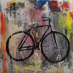 an abstract painting of a bicycle on a white background