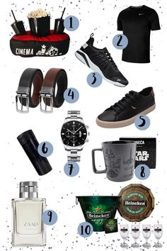 the ultimate gift guide for men in black and white, including shoes, watch, coffee mug