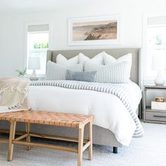 a bedroom with white walls and neutral decor