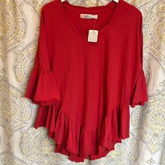 Beautiful 100% Cotton Ruffled Sleeves And Ruffled Bottom Of Blouse High Low Style New With Tag Ruffled Tops For Vacation, Ruffled Tops For Beach, Beach Blouse With Ruffles, Red Casual Tops With Ruffle Hem, Casual Red Tops With Ruffle Hem, Red Ruffle Sleeve Top For Summer, Red Ruffle Sleeve Summer Tops, Red Ruffle Sleeve Blouse For Summer, Chic Red Top With Ruffle Hem