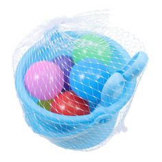 a blue mesh bag filled with colorful balls