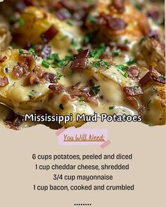 the recipe for mississippi mud potatoes is shown in an advertise with information about how to make it