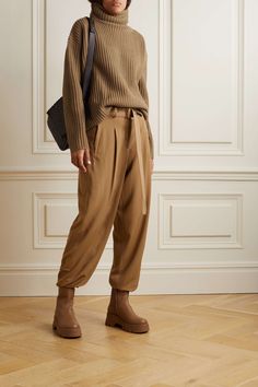 Camel Ribbed merino wool turtleneck sweater | JOSEPH | NET-A-PORTER Brown Chunky Boots Outfit, Light Sweater Outfit, Chunky Boots Outfit, Styling Sweaters, Wide Leg Trousers Outfit, Joseph Clothing, Camel Outfit, Wool Turtleneck Sweater, Fifties Fashion