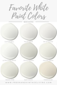 white paint colors with the words favorite white paint colors in different shades and sizes on it