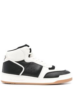 black/white calf leather colour-block panelled design flat rubber sole front lace-up fastening round toe Classic Fashion Pieces, Woman Looking, Leather High Tops, Leather Cap, Colour Block, Lanvin, Sneakers For Sale, Mens Shoes Sneakers, Sneakers Black