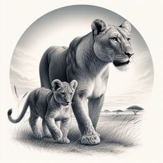 a lion and cub are standing in the grass