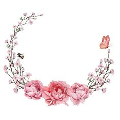 pink flowers and butterflies are arranged in the shape of a flower wreath on a white background