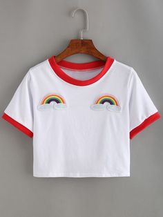 White Chiffon Tops, Rainbow Patch, Rainbow Crop Top, White Long Sleeve Crop Top, Cropped White Tee, T Shirts White, Crop T Shirt, Summer Crop Tops, Crop Top And Shorts