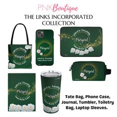 the links incorporated collection includes phone cases, tote bags, tumblers, and bag laptop sleeves