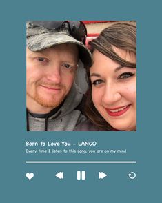 a man and woman are smiling together in front of a brick wall with the caption born to love you, lanco