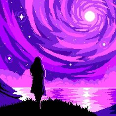 a woman standing on top of a hill under a purple sky