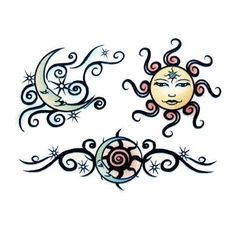 two sun and moon tattoos with swirl designs