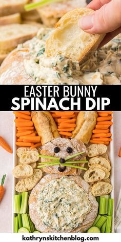 an easter bunny spinach dip with carrots, celery and bread