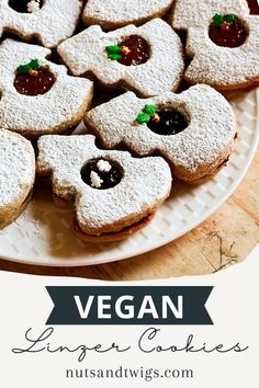 plate of christmas shaped vegan linzer cookies. Vegan Holiday Recipes, Vegan Holidays, Buttery Cookies, Thanksgiving Feast, Sandwich Cookies, Christmas Treats, Powdered Sugar, Home Cooking