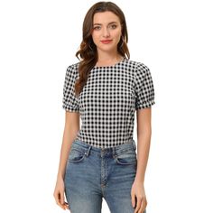 Made of lightweight woven, this versatile top is a summer staple that can be styled with just about anything and it suits many occasions. With a regular silhouette, this cute summer staple gingham top features a crew neck, puff short sleeves, buttoned cuffs, and a slightly boxy shape. Short puff sleeves and a keyhole enhance the casual style of this sweet plaid blouse. Fitted Gingham Tops For Day Out, Chic Plaid Puff Sleeve Tops, Chic Plaid Tops For Day Out, Trendy Fitted Gingham Blouse, Plaid Summer Tops For Work, Spring Plaid Puff Sleeve Top, Casual Gingham Puff Sleeve Blouse, Casual Gingham Blouse With Puff Sleeves, Plaid Puff Sleeve Top For Spring