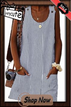 Black Boho Crew Neck Pockets Daily Striped Shift Dress Casual Striped Shift Dress, Striped Dresses With Pockets For Vacation, Striped Shift Dress, Black Boho, Womens Shift Dresses, Mini Dresses, Women Dresses, Women's Fashion Dresses, Shift Dress