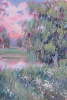 an oil painting of flowers and trees by the water's edge with pink clouds in the background