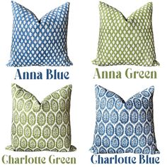 four pillows with different patterns on them, one in blue and the other in green