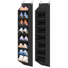 an image of a shoe rack with multiple pairs of shoes hanging on the side and two rows