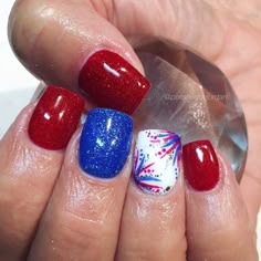 Fourth of July nails Firework nails 4th of July nails Instagram: @polishedbyjordan 4th Of July Nail Art, 4th Of July Nail, Fourth Of July Nails, 4th Of July Nails, Holiday Nail Art, July Nails