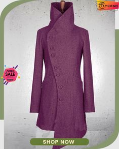 Side Button Woolen Fabric Casual Turtleneck Cotton Overcoat Winter Pea Coat With Stand Collar And Button Closure, Trendy Winter Outerwear With Buttons, Solid Pea Coat With Buttons For Fall, Winter Outerwear With Covered Buttons In Solid Color, Winter Solid Outerwear With Covered Buttons, Solid Long Coat With Buttons, Winter Purple Single Breasted Outerwear, Purple Long Sleeve Outerwear With Buttons, Casual Winter Outerwear With Covered Buttons