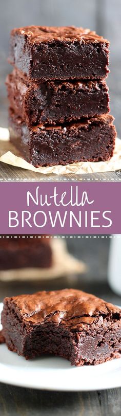 chocolate nutella brownies stacked on top of each other with text overlay that reads, nutella brownies