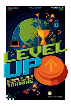 the poster for level up with an image of a trophy and other items on it