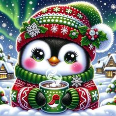 a painting of a penguin wearing a christmas hat and scarf holding a cup of coffee