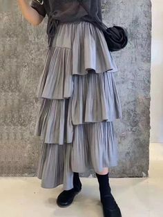 SIZE waist:60-95cm length:83cm Note: 1 inch = 2.54 cm, 1 cm = 0.39 inch Measurement by hands allow 2-3cm errors which is normal Fall Tiered Ruffled Skirt, Chic Pleated Tiered Bottoms, Chic Tiered Pleated Bottoms, Solid Long Skirt With Ruffles, Gray Tiered Skirt For Spring, Solid Color Tiered Ruffled Skirt, Spring Gray Tiered Skirt, Solid Tiered Ruffled Skirt, Gray Tiered Skirt Bottoms For Spring