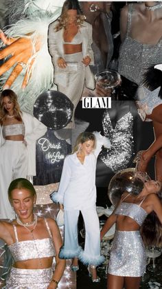 several photos of women in disco outfits and one is wearing a white outfit with silver sequins