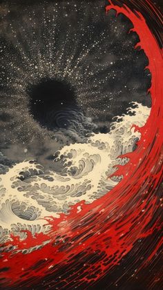 an abstract painting with red and white waves in the center, against a black background