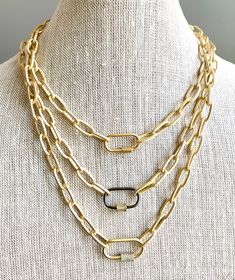 "Please be sure to read my shop announcement for shipping guidelines and deadlines for the holiday! Ultra chic carabiner clasp necklaces feature beautiful matte gold chain and your choice of carabiner clasp. These necklaces are great for layering! Chain is electroplated brass with links measuring 16mm x 7.65mm x 2mm. Carabiner clasps have screws that open and close, allowing you to easily add charms and pendants to these designs. As one 5-star reviewer said - \"Love the matte gold carabiner neck Modern Necklace Design, Weiners, Modern Necklace, Alexandria Va, Necklace Layering, Clasp Necklace, Jasper Necklace, Necklace Design, For Her Gifts