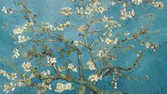 the branches of an almond tree with white flowers against a blue background, painted in oil on canvas