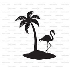 a black and white silhouette of a flamingo standing under a palm tree