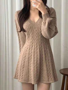 V Neck Long Sleeve Sweater Dress - AnotherChill Winter Sweater Dresses, Sweet Clothes, Flare Long Sleeve, Mini Dresses Online, Womens Knit Dresses, Long Sleeve Knit Dress, Dress Stores Online, Long Sleeve Sweater Dress, Style Office