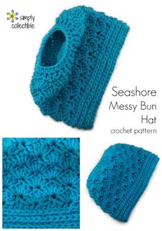 a blue crocheted beanie and scarf with text that reads seashore messy bun hat