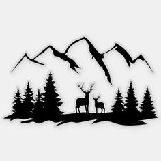 the silhouette of two deer in front of mountains and trees with birds flying over them