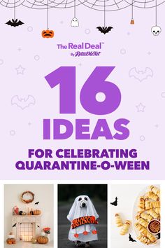 an advertisement for the real deal halloween sale is shown in purple and white with pumpkins,