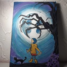 a painting of a person walking in front of a tree with a cat on it