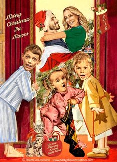 an old fashioned christmas card with two children and a dog