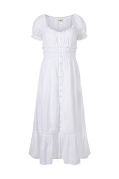 Our most epic romantic dress is here. The Mary dress is a delicate white long dress in a dreamy cotton textile. It features a round neckline, gathered bust and petite ruffles. Its stretchy smocked bodice finishes with a delicate crochet trimming, and gives way to a full-length skirt with in a big ruffle at the bottom. 100% cotton Maxi length BSCI certified. Made in India. Ruffled Puff Sleeve Peasant Dress, Feminine Billowy Midi Dress With Ruffles, Midi-length Prairie Dress With Ruffles For Daywear, Elegant Fitted Peasant Dress With Ruffles, Midi Length Prairie Dress With Ruffles For Daywear, Ruffled Midi Prairie Dress For Daywear, White Billowy Midi Dress With Ruffles, Billowy White Midi Dress With Ruffles, Billowy Midi Dress With Ruffles