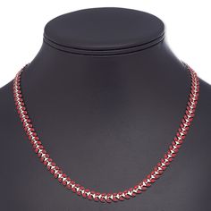 Ready-to-wear jewelry is great for counter sales or giving as a gift. Silver-plated brass necklace features red highlights and a wreath design. Red Metal Jewelry With Silver Chain, Adjustable Red Jewelry With Lobster Clasp, Elegant Red Nickel-free Necklace, Red Chain Necklace With Lobster Clasp As Gift, Red Round Chain Jewelry, Elegant Red Jewelry With Silver Chain, Red Adjustable Necklace With Lobster Clasp, Red Adjustable Necklaces With Lobster Clasp, Adjustable Red Necklace With Lobster Clasp