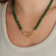 Choose between JADEITE or CANADIAN Jade - two different carabiner styles available, select your choice in the drop down menu! D E T A I L S △ Handmade in Vancouver, Canada △ AAAA+ Jadeite or Canadian Jade 6mm △ 14K gold filled findings on necklace △ Gold vermeil carabiner [3 microns of gold on sterling silver] △ Gold vermeil REVERSIBLE pendant [optional] △ Gemstones are 100% genuine  LENGTH of strand is 18", carabiner adds additional length :) Jade: harmony, prosperity, luck Q U A L I T Y  The u Cheap Bohemian Jade Necklaces, Luxury Beaded Jade Necklace, Green Jade Necklace, Jade Bead Necklace, Gemstone Properties, Jade Gemstone, Rishikesh, Jade Necklace, Necklace Green