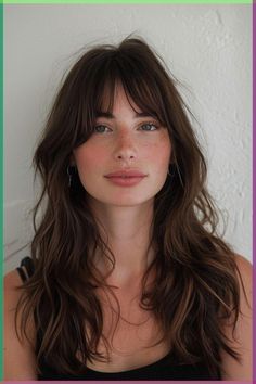 Long Length Haircut For Fine Hair Curtain Bangs, Layer Long Hair With Bangs, Layer With Bangs Haircut, Long Haircut With Fringe Bangs, Long Bangs For Wavy Hair, Fringe And Layers Long Hair, Layers Haircut Bangs, Long Hair Bottleneck Bangs, Bottleneck Bangs Side Part